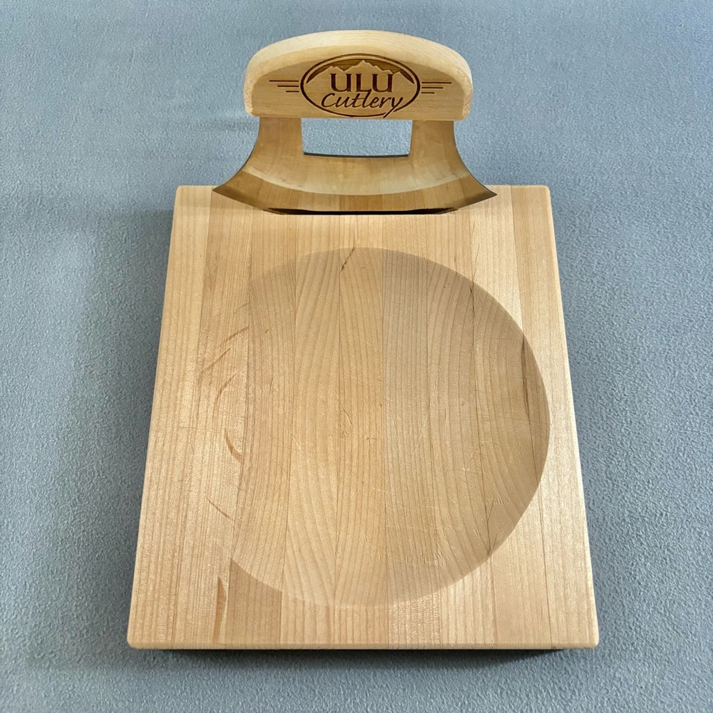Great Alaska ULU Co Original Chopping Set Stainless Steel Knife Birch Wood Bowl